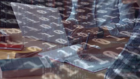 Animation of binary code over midsection of caucasian woman using laptop and man Stock Footage 328082678