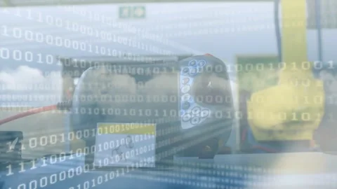 Animation of binary code over technology devices Stock Footage 328149435