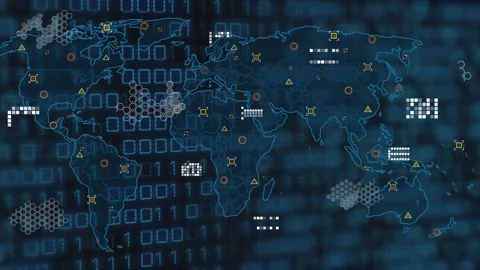 Animation of binary code over world map and icons on black background Vídeos de archivo 201941541