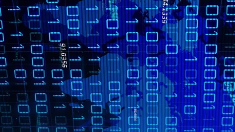 Animation of binary code over world map on black background Stock Footage 312668321