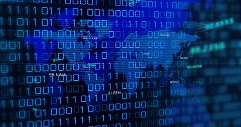 Animation of binary code over world map on black background Stock Footage 316585131
