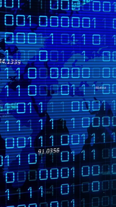 Animation of binary code over world map on black background Stock Footage 323247733