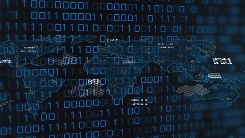 Animation of binary code over world map on black background Stock Footage 325699669