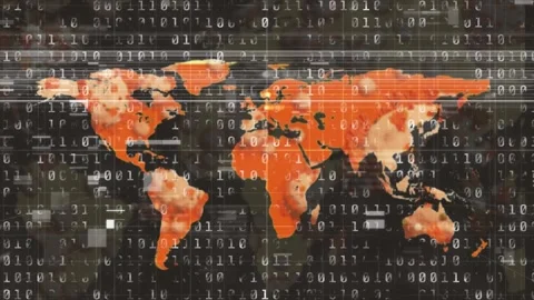 Animation of binary code over world map on black background Video stock 327125149