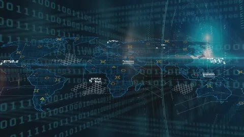 Animation of binary code over world map on black background Stock Footage 327847250