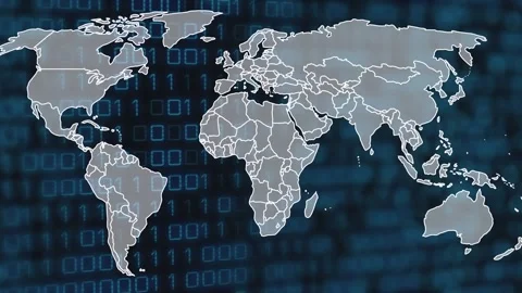 Animation of binary code over world map on black background Stock Footage 329417769