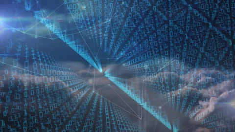 Animation of binary code overlaying cloudy sky, creating digital data patterns 動画素材 304088319