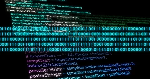 Animation of binary code overlaying programming script on digital display screen Stock Footage 304854189