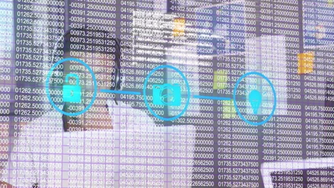 Animation of binary code overlaying urban cityscape with digital circular icons 스톡 동영상 305729052