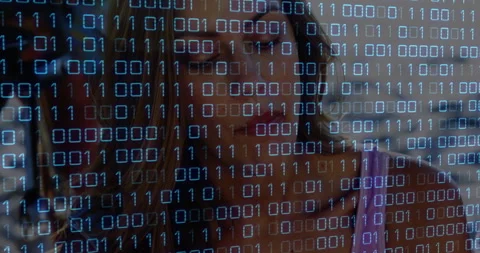 Animation of binary code overlaying woman thinking, symbolizing digital Stock Footage 306215033