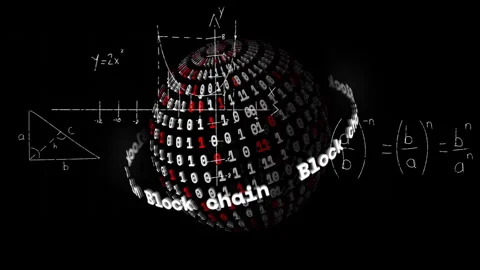 Animation of binary code sphere with Blockchain text and mathematical equations Stock Footage 303419572