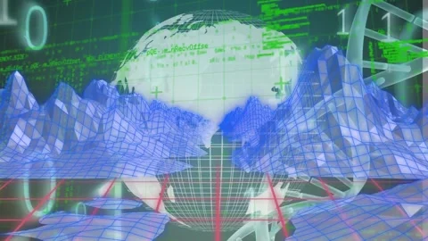 Animation of binary codes, 3d mountains, dna helix, programming language and Video stock 221008195