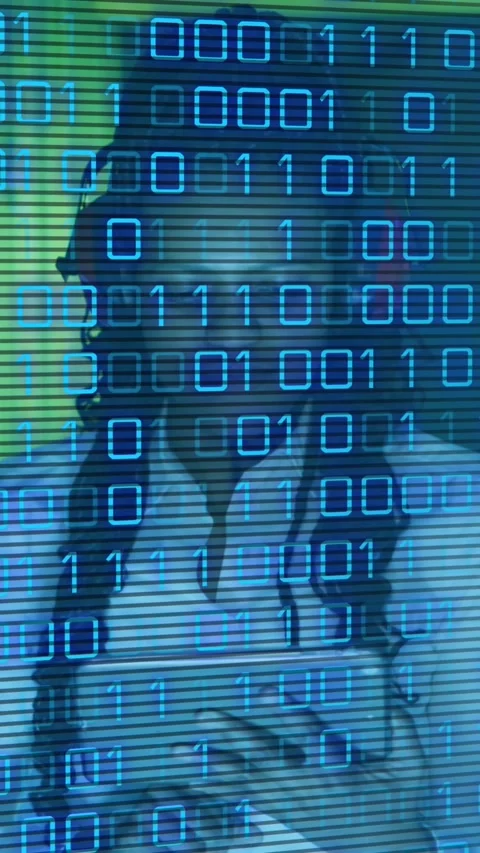 Animation of binary codes, african american woman with headphone using digital 스톡 동영상 343739477