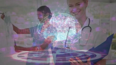 Animation of binary codes and brain with circles over portrait of happy female Stock Footage 219084315