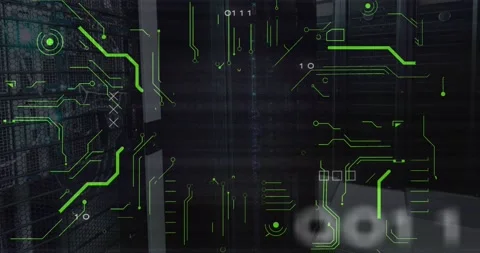 Animation of binary codes and circuit board pattern over server room in Stock Footage 246909265