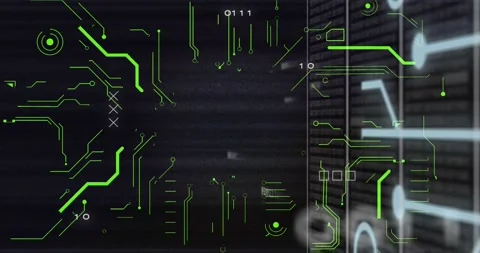 Animation of binary codes and circuit board pattern with server racks against Stock Footage 249324229