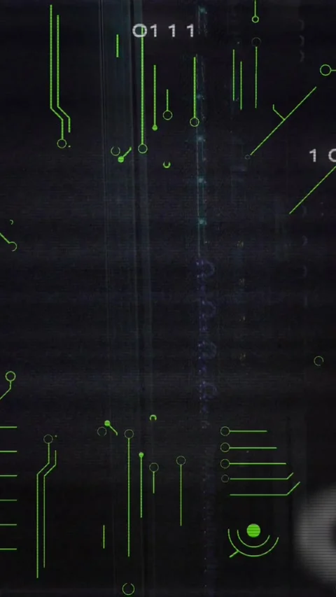 Animation of binary codes and circuit board pattern over server room in Stockbeeldmateriaal 344679186