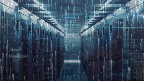 Animation of binary codes and computer language over data server racks Stock Footage 231181940