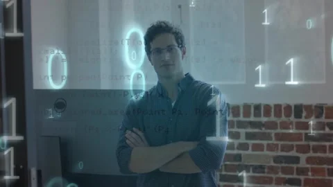 Animation of binary codes and computer language over caucasian man standing arms Stock Footage 244735718