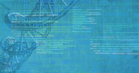 Animation of binary codes and computer language over dna helix model on abstract Stock Footage 246589471