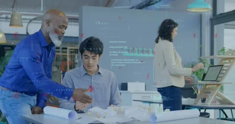 Animation of binary codes and computer language over diverse coworkers Stock Footage 248674155