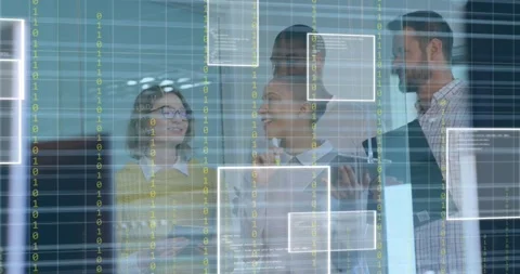 Animation of binary codes and computer language, divers coworkers sharing ideas Stock Footage 249324051