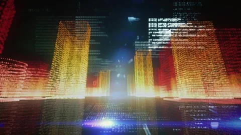 Animation of binary codes and computer language over 3d model of buildings Stock Footage 327525919