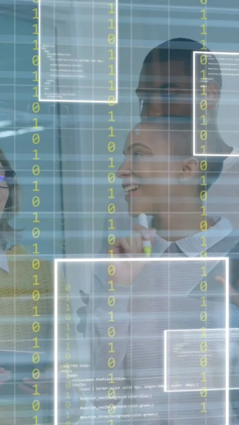 Animation of binary codes and computer language, divers coworkers sharing ideas Stock Footage 343888185