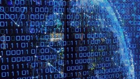 Animation of binary codes and digital lines connecting the dots loving against Stock Footage 328154133