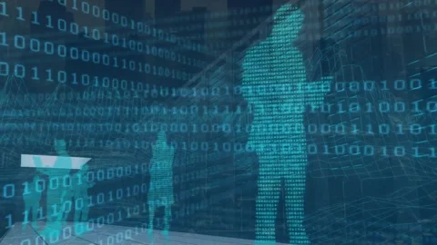 Animation of binary codes and digital people over modern buildings Stock Footage 329854707