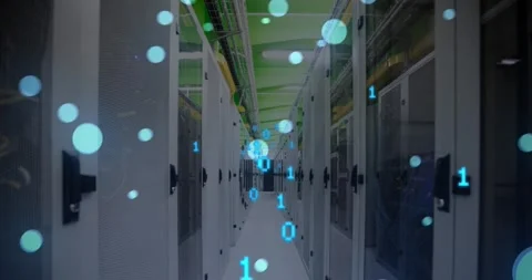 Animation of binary codes and falling lens flares over server room in background Stock Footage 247908224