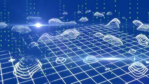 Animation of binary codes and lens flares over abstract patterns on grid pattern Stock Footage 241715534