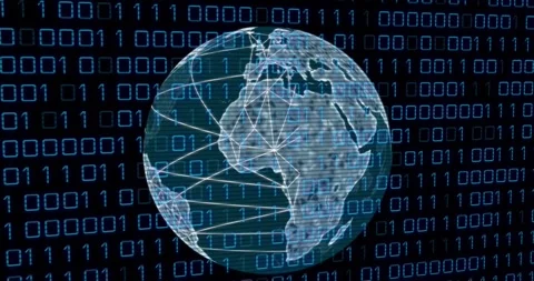 Animation of binary codes and lines around rotating globe over black background Stock Footage 250591819