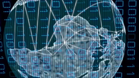 Animation of binary codes and lines around rotating globe over black background Stock Footage 313411979