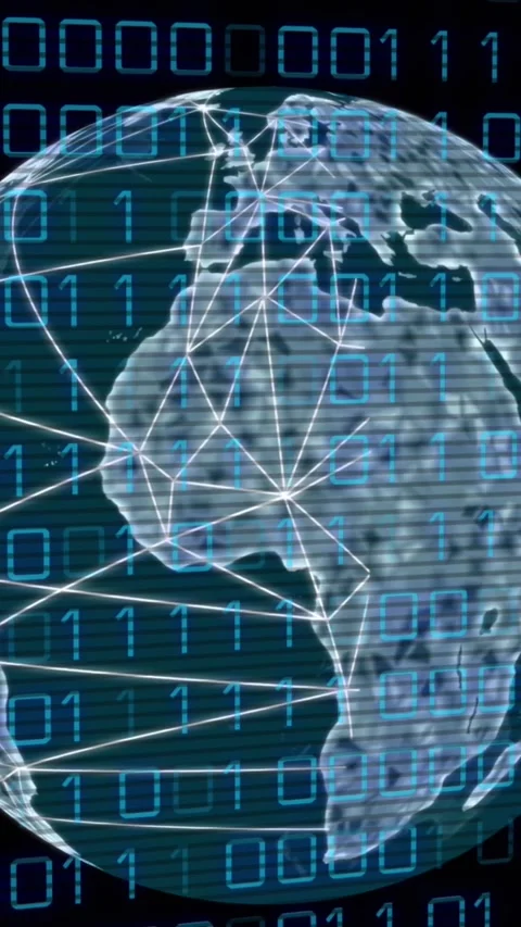 Animation of binary codes and lines around rotating globe over black background Stock Footage 320921564
