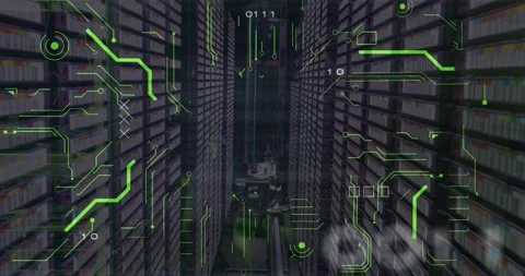 Animation of binary codes and power supply over equipment in server room Stock Footage 326192829