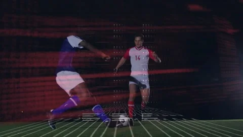 Animation of binary codes and programming language over multiracial male players Stock Footage 209607402