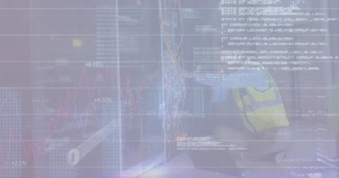 Animation of binary codes and programming language, caucasian man checking data Stock Footage 330732628