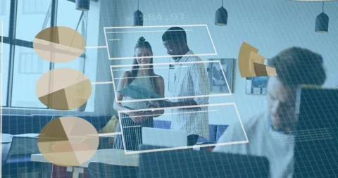 Animation of binary codes, changing numbers, graphs, diverse coworkers Stock Footage 328457571