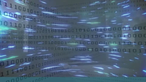 Animation of binary codes, circular beam pattern over modern buildings in Stock Footage 247908101