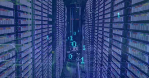 Animation of binary codes coming out of tunnel, connected icons against server Stock Footage 327003243