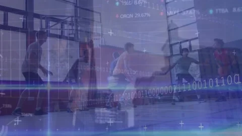 Animation of binary codes, computer language over multiracial basketball players Stock Footage 221877940