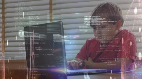 Animation of binary codes, computer language, lens flares over caucasian boy 動画素材 222211096