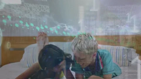 Animation of binary codes, computer language, diverse children lying on bed and Stock Footage 222211098