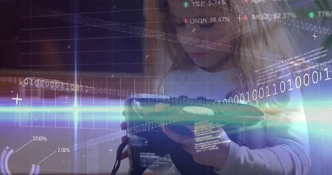 Animation of binary codes, computer language, trading board over caucasian girl Stock Footage 233276850