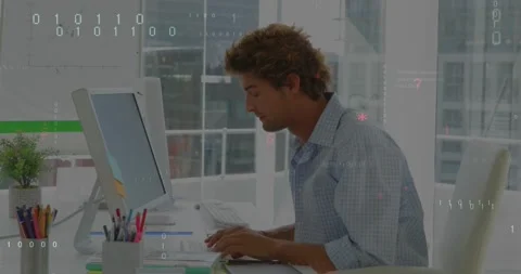 Animation of binary codes, computer language, caucasian man riding on chair and Stock Footage 239110899