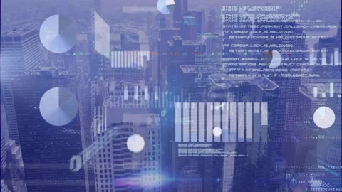 Animation of binary codes, computer language and graphs over aerial view of Stock Footage 243660382