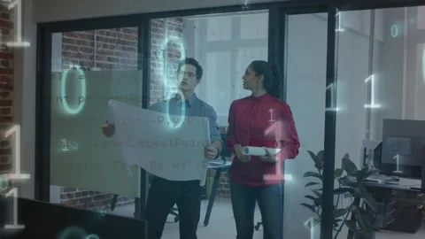 Animation of binary codes, computer language, diverse architects discussing and Stock Footage 244735074