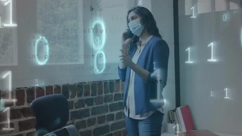 Animation of binary codes, computer language, asian woman wearing mask and Video stock 244785291