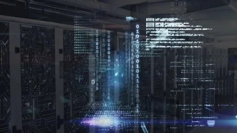 Animation of binary codes, computer language, circuit board pattern on server Stock Footage 246530593